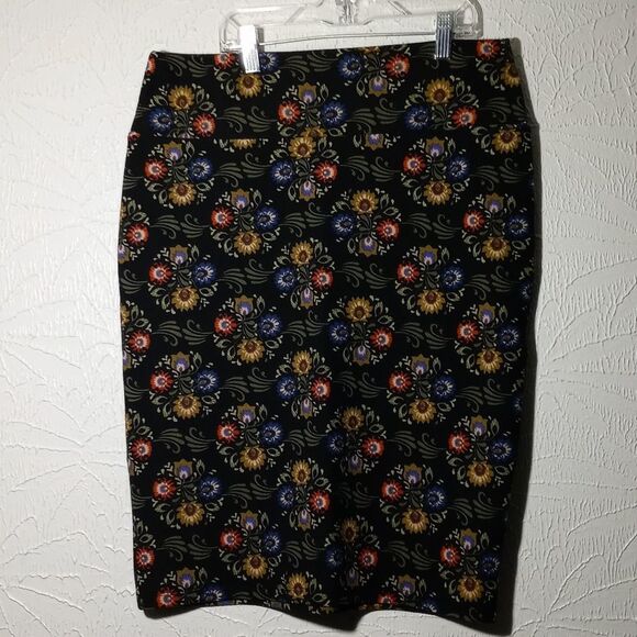 LULAROE Cassie Skirt Blk w/ Gold Blue & Red Floral sz L - Picture 1 of 5